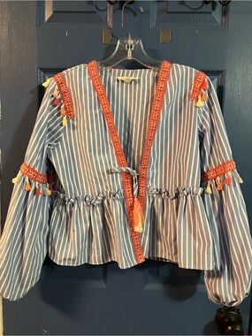Rebellion Blue & White Striped Tassel Peplum Blouse